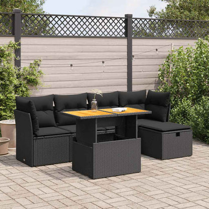 Set Divano da Giardino 6 pz con Cuscini Nero Polyrattan Acacia