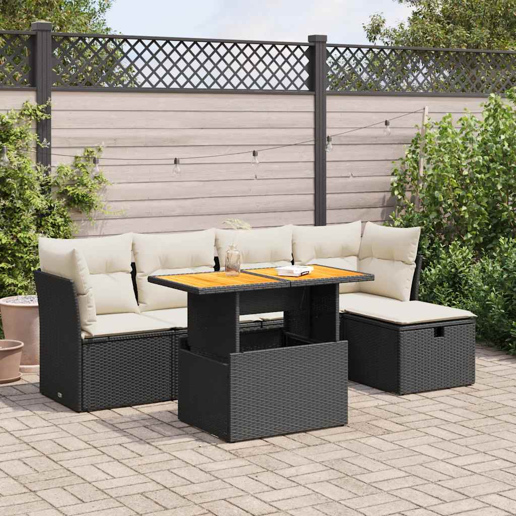 Set Divano da Giardino 6 pz con Cuscini Nero Polyrattan Acacia