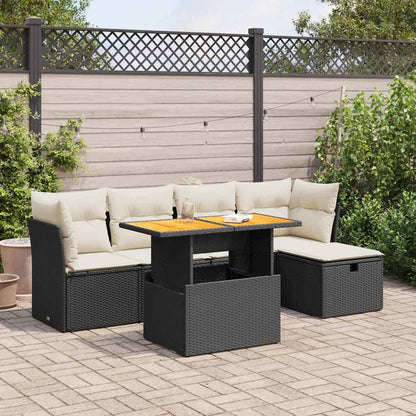 Set Divano da Giardino 6 pz con Cuscini Nero Polyrattan Acacia