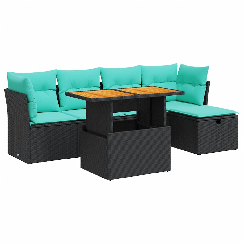 Set Divano da Giardino 6 pz con Cuscini Nero Polyrattan Acacia