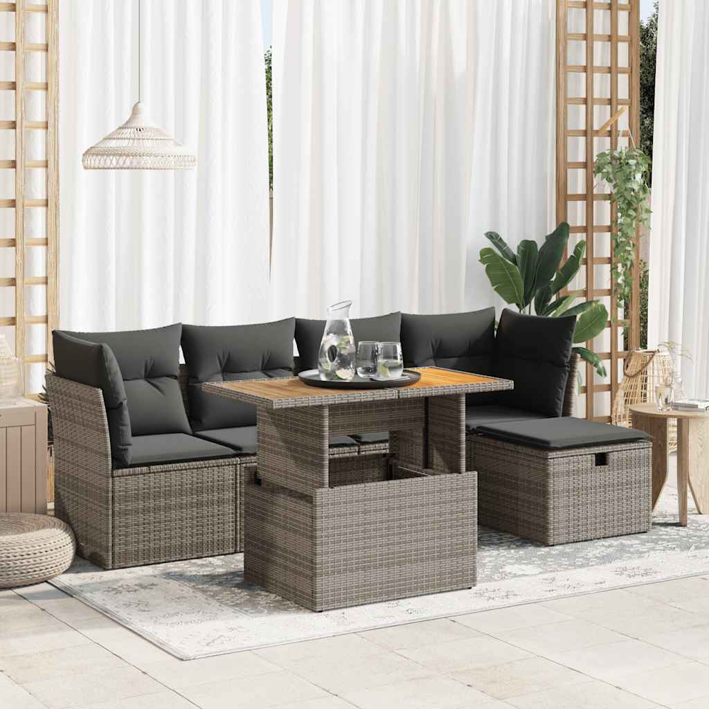 Set Divano da Giardino 6pz con Cuscini Grigio Polyrattan Acacia