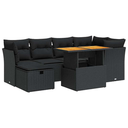 Set Divani da Giardino con Cuscini 7pz Nero Polyrattan Acacia