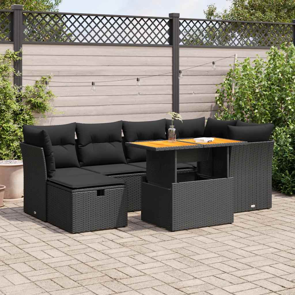 Set Divani da Giardino con Cuscini 7pz Nero Polyrattan Acacia