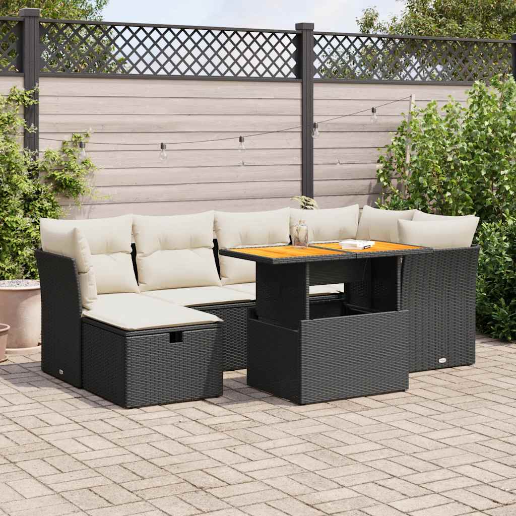 Set Divani da Giardino con Cuscini 7pz Nero Polyrattan Acacia