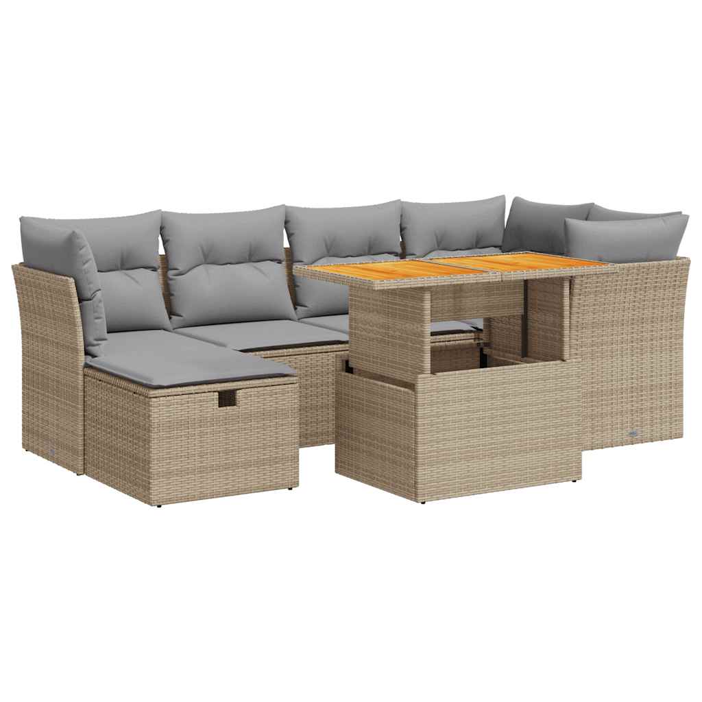 Set Divani da Giardino 7 pz con Cuscini Beige Polyrattan Acacia