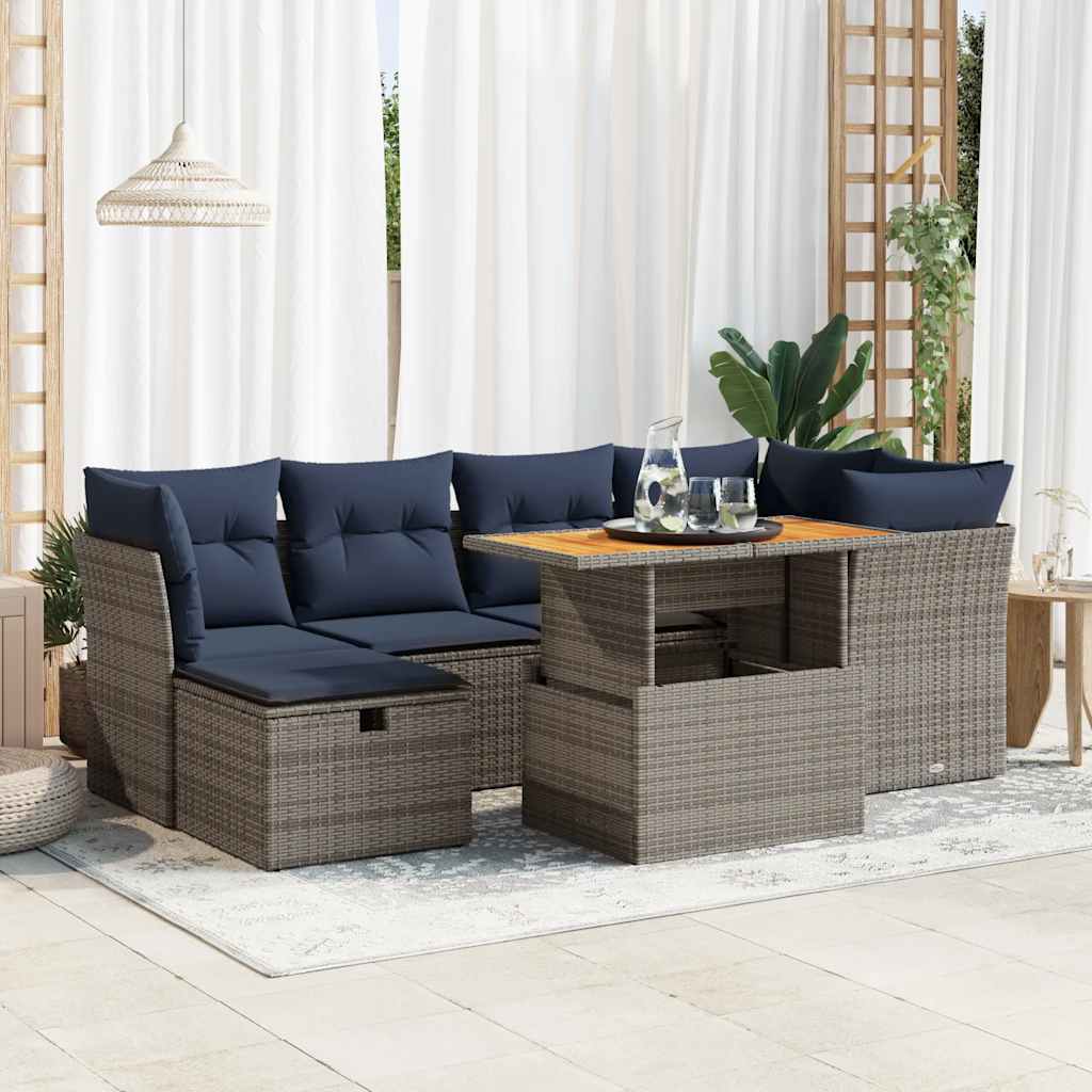 Set Divani da Giardino con Cuscini 7pz Nero Polyrattan Acacia