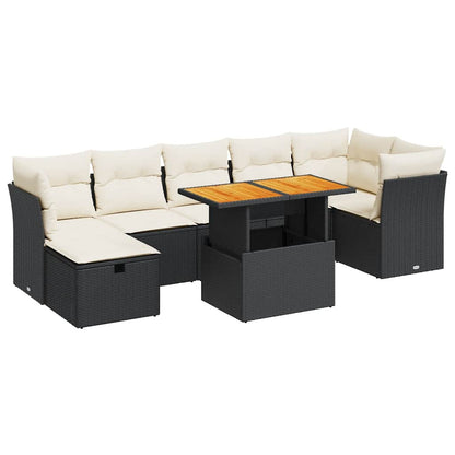 Set Divani da Giardino con Cuscini 8 pz Nero Polyrattan Acacia