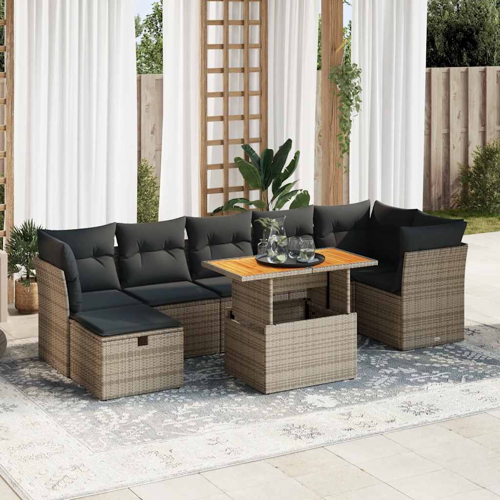 Set Divano da Giardino 8pz con Cuscini Grigio Polyrattan Acacia