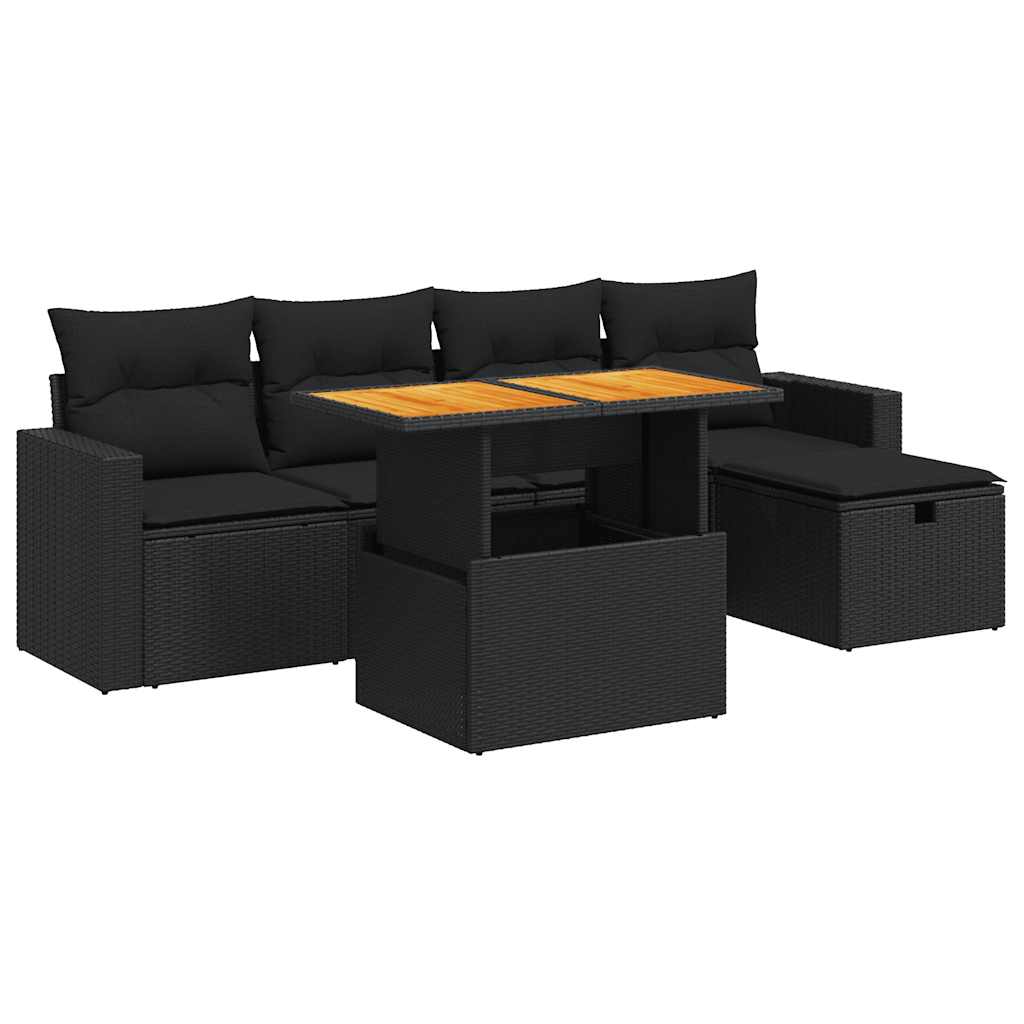 Set Divano da Giardino 6 pz con Cuscini Nero Polyrattan Acacia