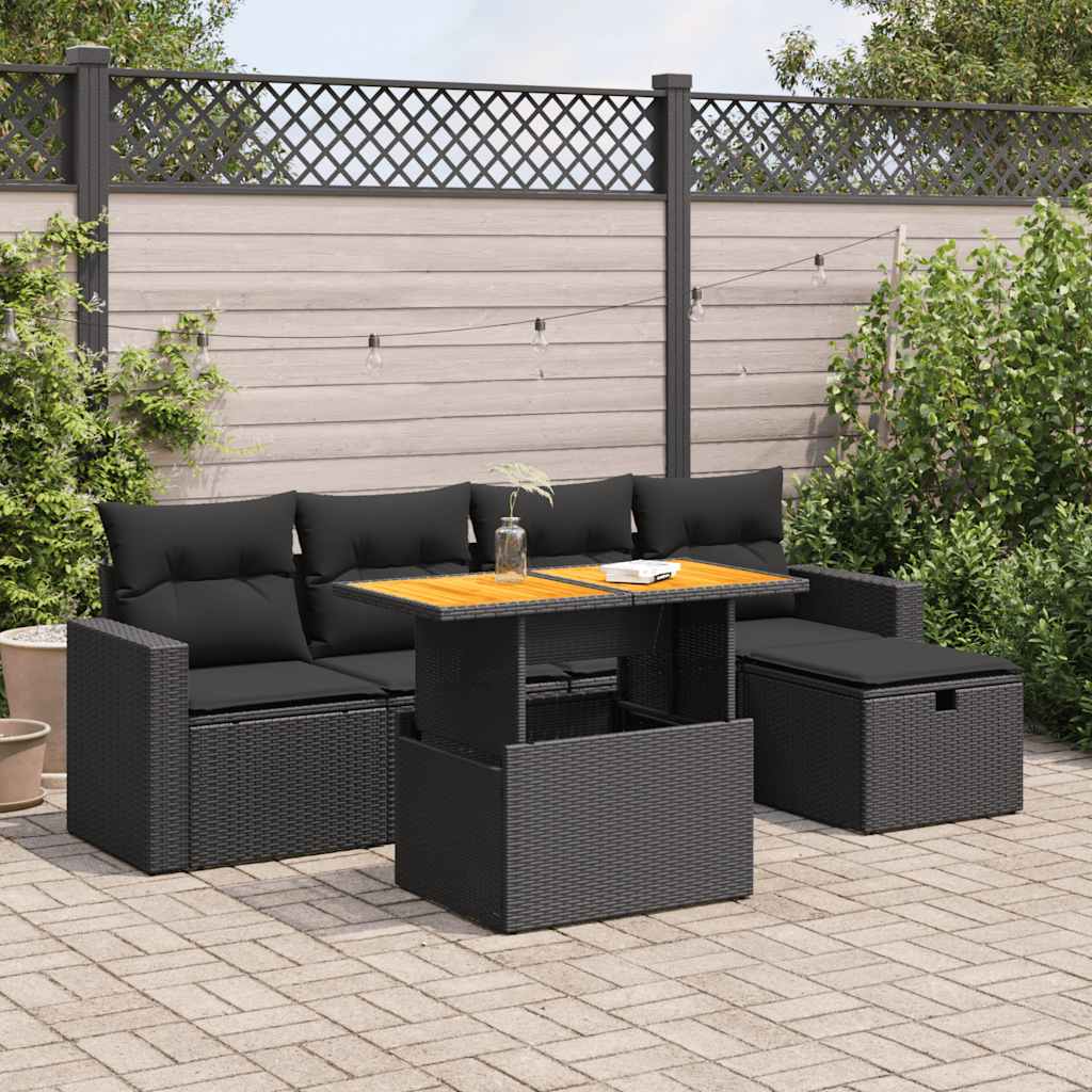Set Divano da Giardino 6 pz con Cuscini Nero Polyrattan Acacia