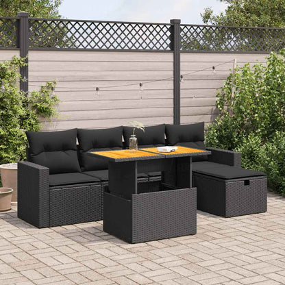 Set Divano da Giardino 6 pz con Cuscini Nero Polyrattan Acacia
