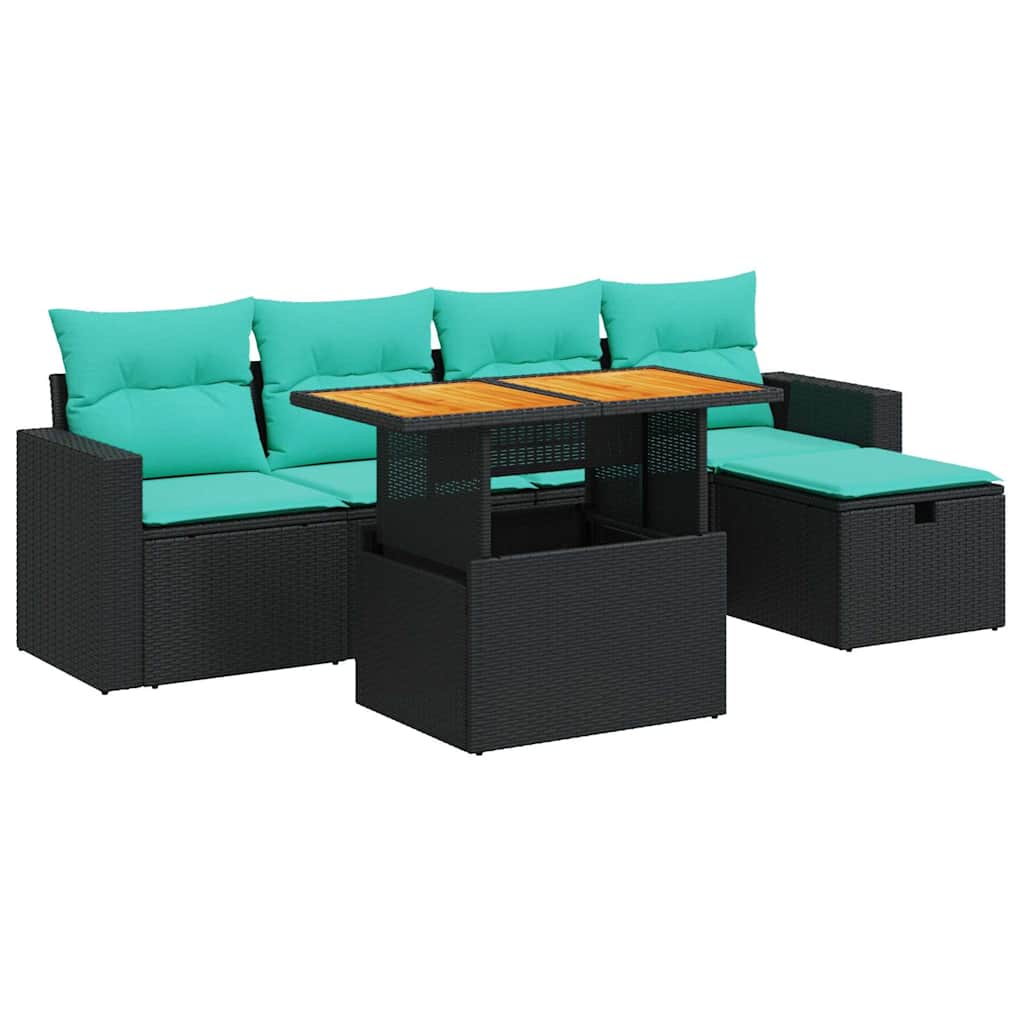 Set Divano da Giardino 6 pz con Cuscini Nero Polyrattan Acacia