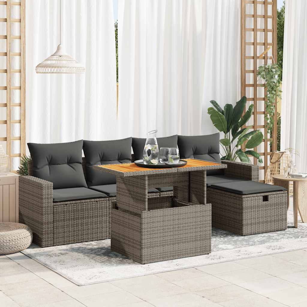 Set Divano da Giardino 6pz con Cuscini Grigio Polyrattan Acacia