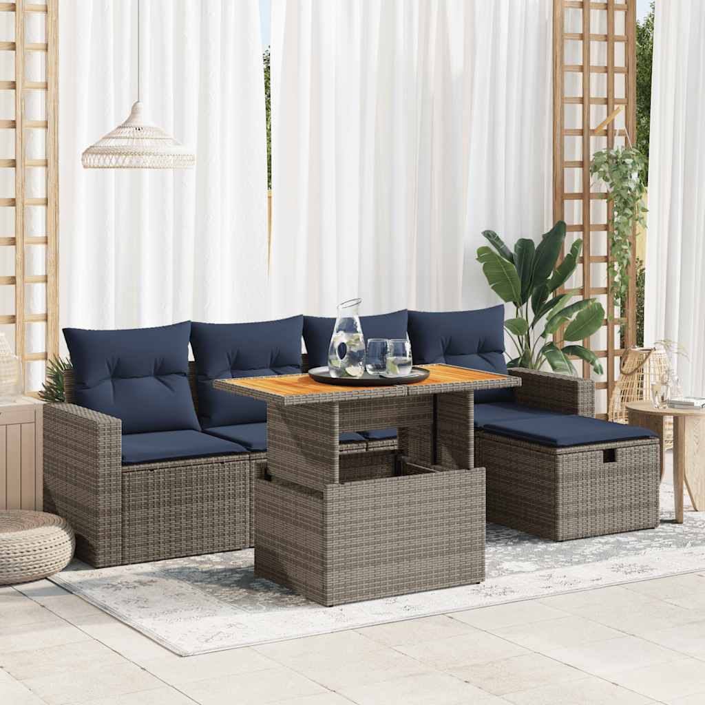 Set Divano da Giardino 6pz con Cuscini Grigio Polyrattan Acacia