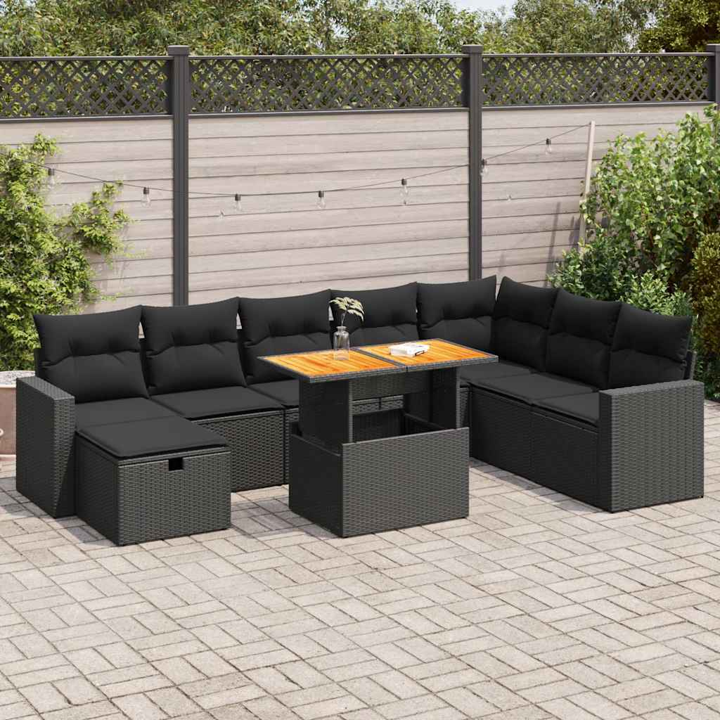 Set Divani da Giardino 9 pz con Cuscini Nero Polyrattan Acacia