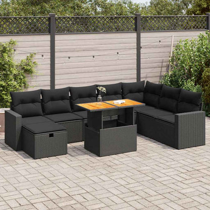 Set Divani da Giardino 9 pz con Cuscini Nero Polyrattan Acacia