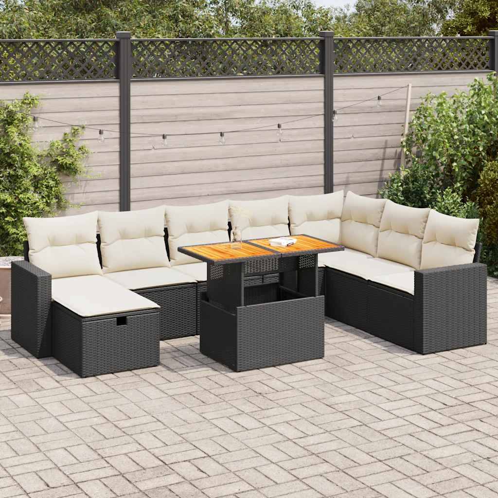 Set Divani da Giardino 9 pz con Cuscini Nero Polyrattan Acacia