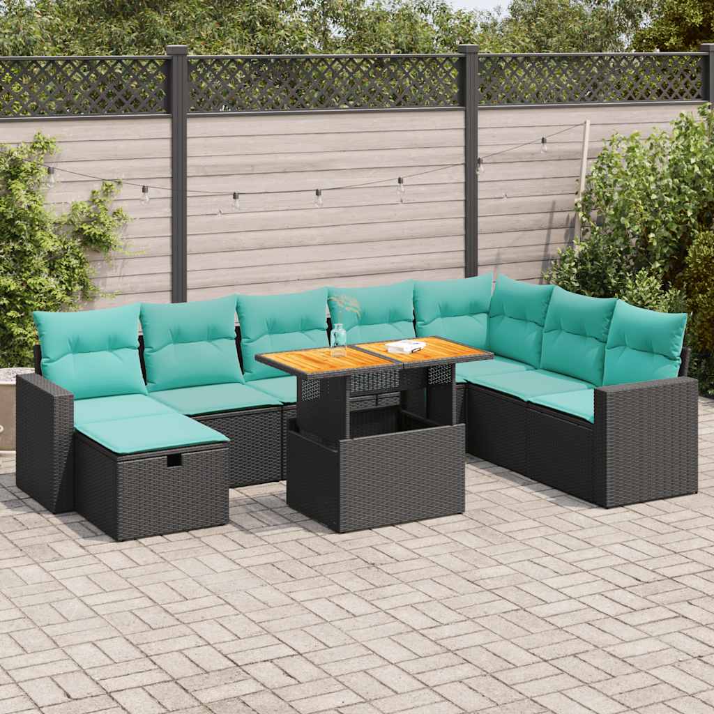 Set Divani da Giardino 9 pz con Cuscini Nero Polyrattan Acacia
