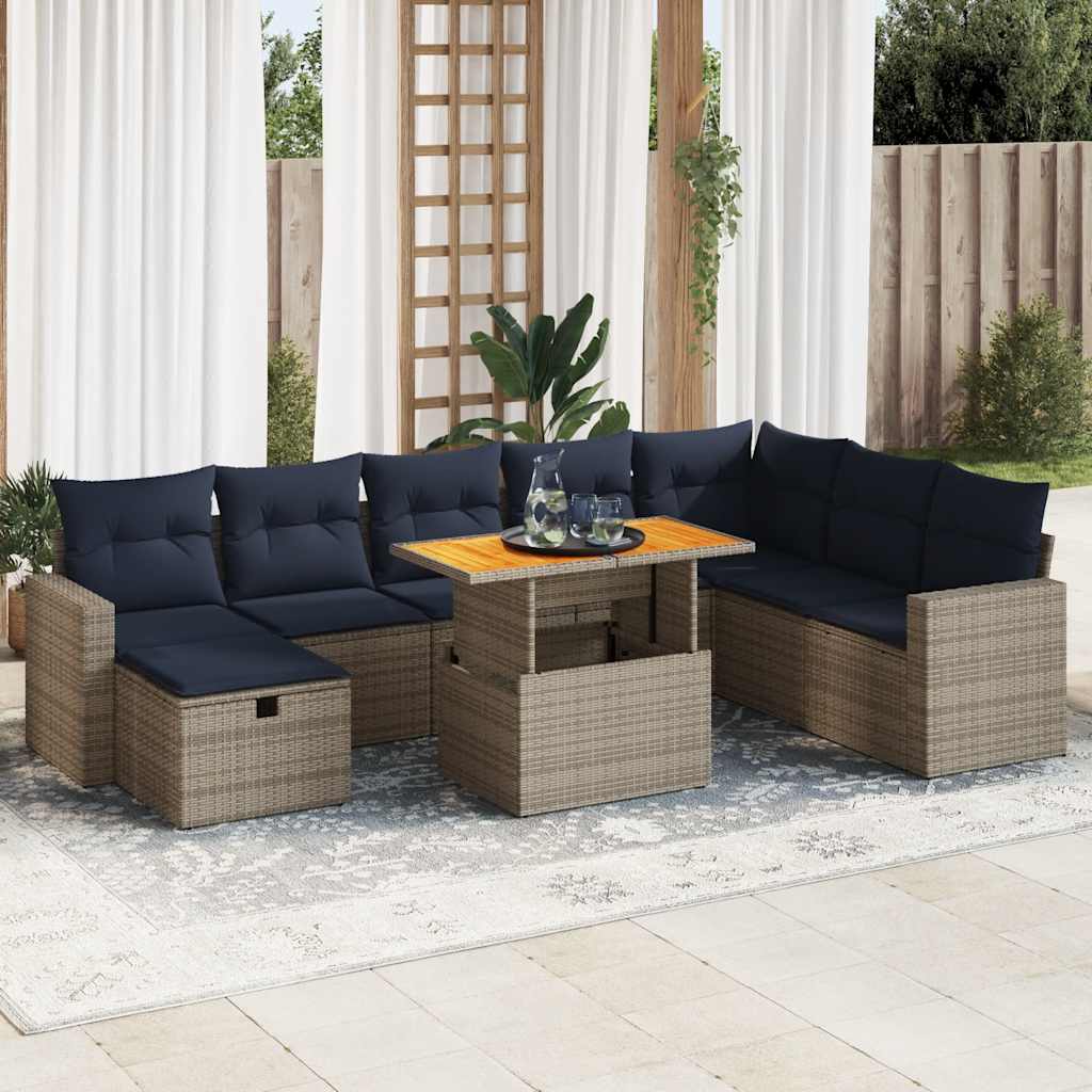 Set Divano da Giardino 9pz con Cuscini Grigio Polyrattan Acacia