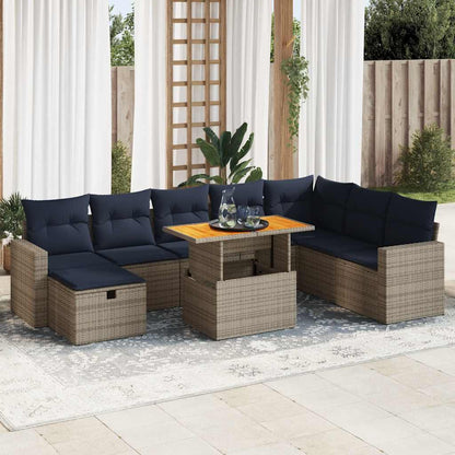 Set Divano da Giardino 9pz con Cuscini Grigio Polyrattan Acacia