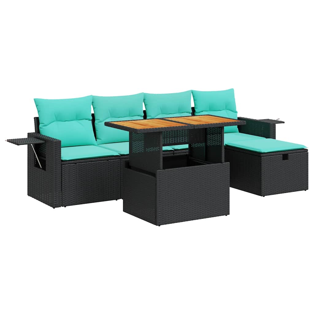 Set Divano da Giardino 6 pz con Cuscini Nero Polyrattan Acacia