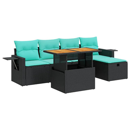 Set Divano da Giardino 6 pz con Cuscini Nero Polyrattan Acacia