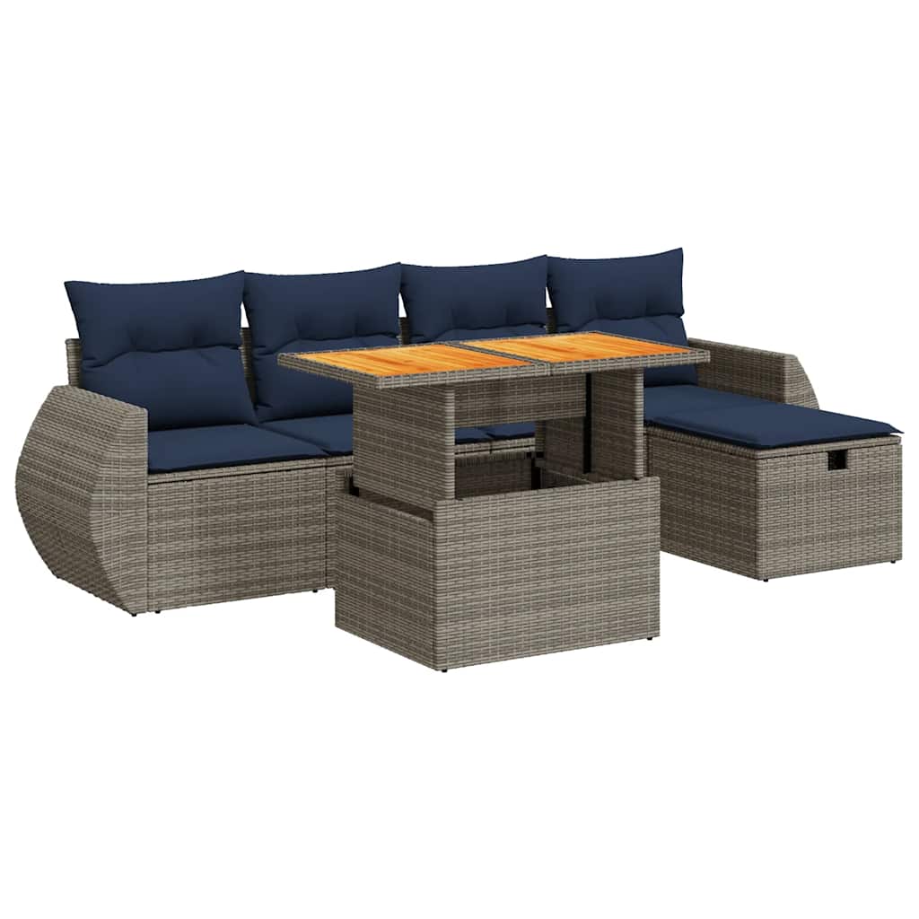 Set Divano da Giardino 6 pz con Cuscini Nero Polyrattan Acacia