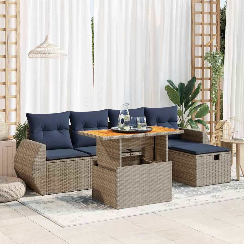 Set Divano da Giardino 6 pz con Cuscini Nero Polyrattan Acacia