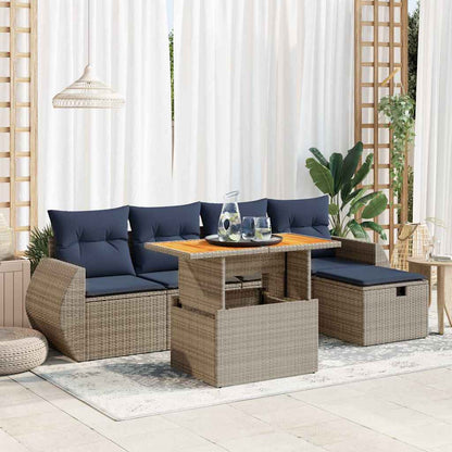 Set Divano da Giardino 6 pz con Cuscini Nero Polyrattan Acacia
