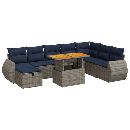 Set Divani da Giardino 9 pz con Cuscini Grigio Polyrattan Acacia