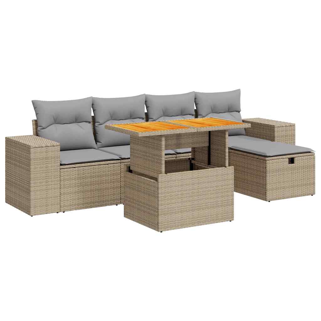 Set Divano da Giardino 6 pz con Cuscini Beige Polyrattan Acacia