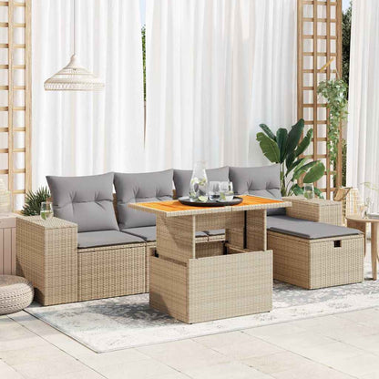 Set Divano da Giardino 6 pz con Cuscini Beige Polyrattan Acacia
