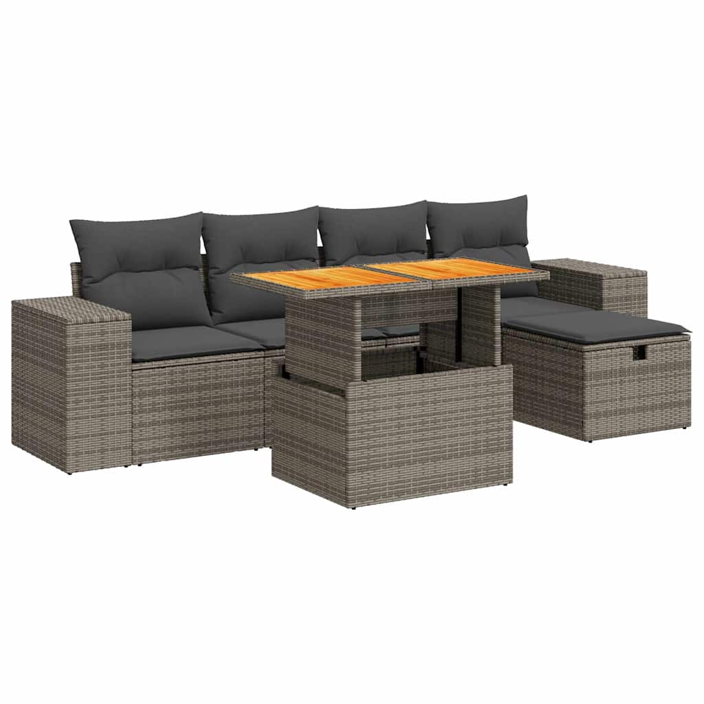 Set Divano da Giardino 6pz con Cuscini Grigio Polyrattan Acacia