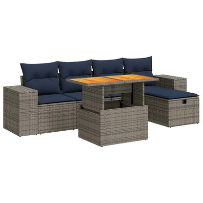 Set Divano da Giardino 6 pz con Cuscini Nero Polyrattan Acacia