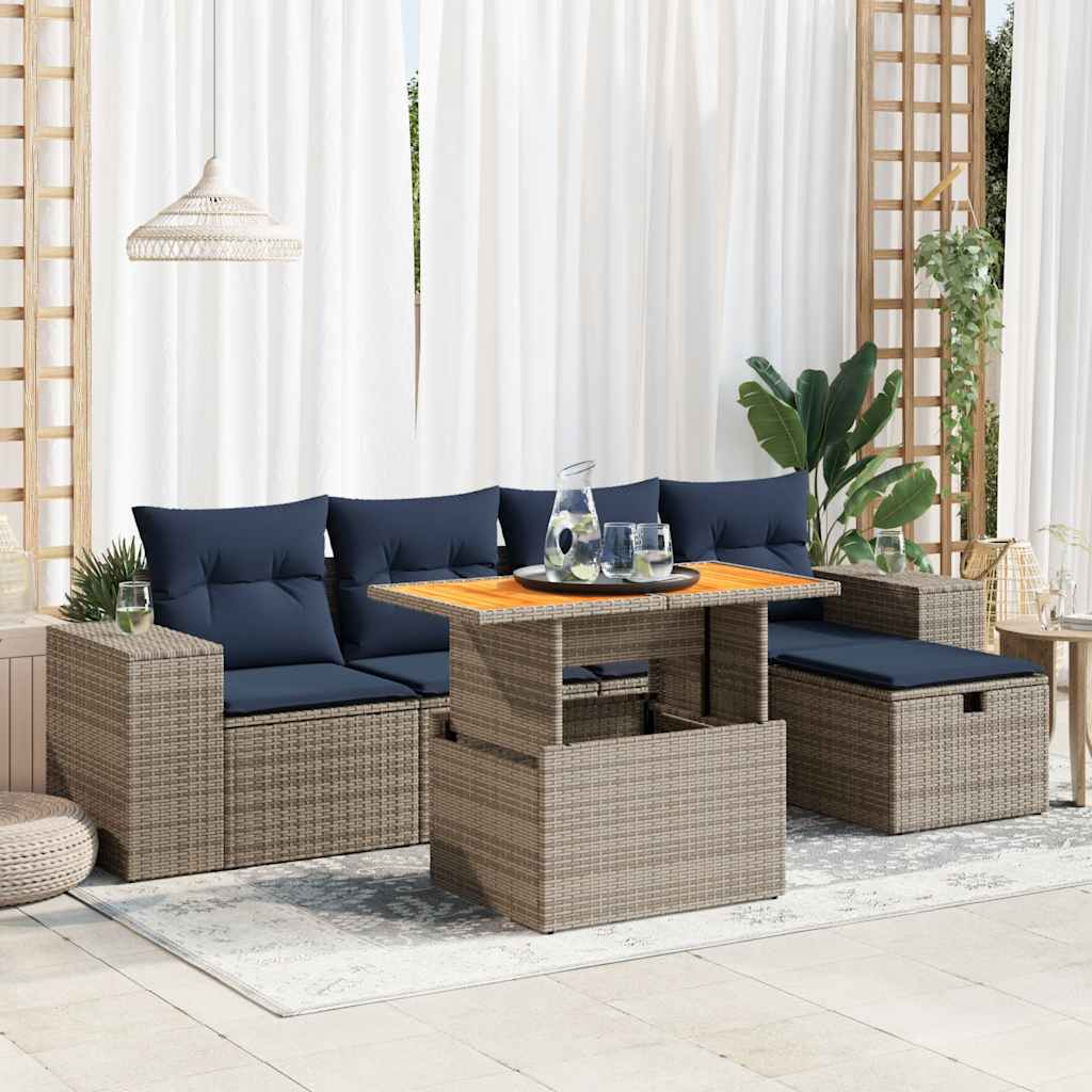 Set Divano da Giardino 6 pz con Cuscini Nero Polyrattan Acacia