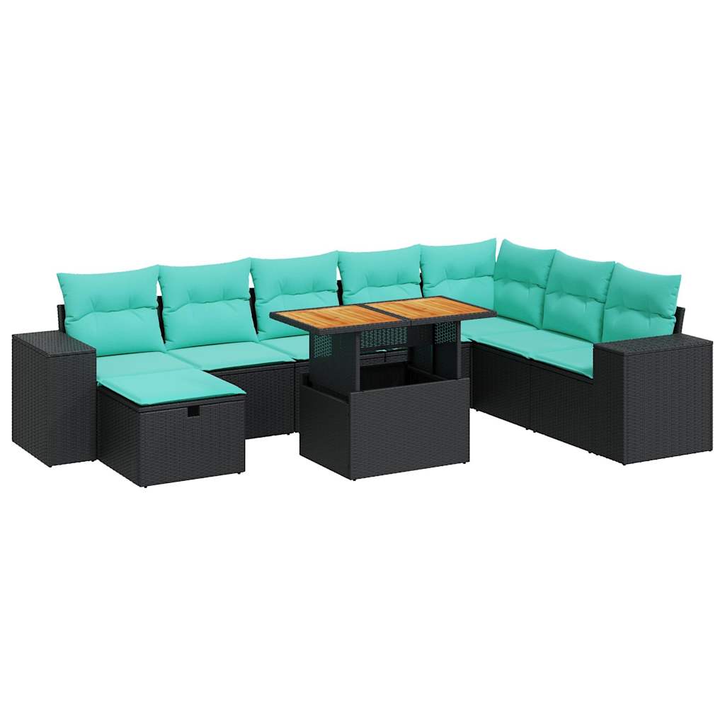 Set Divani da Giardino 9 pz con Cuscini Nero Polyrattan Acacia