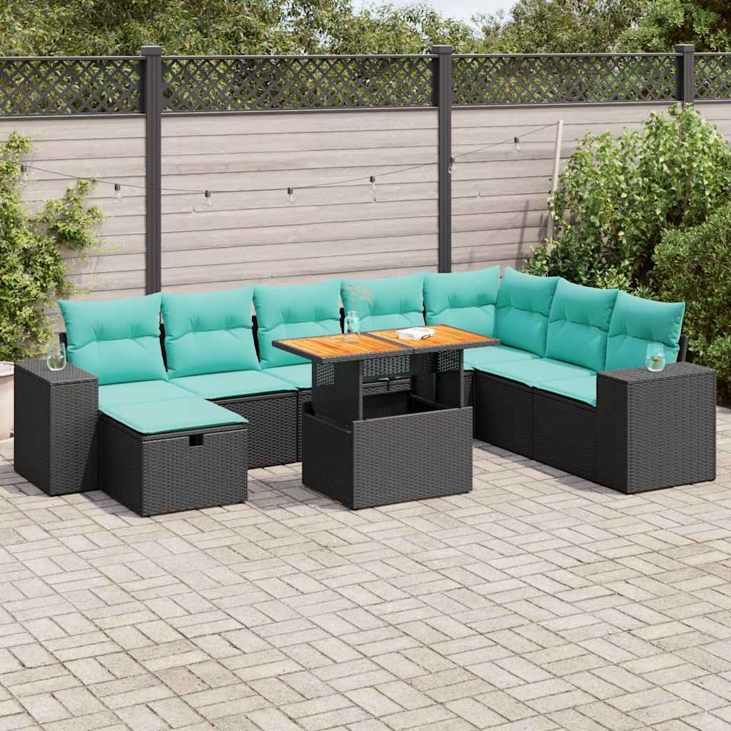 Set Divani da Giardino 9 pz con Cuscini Nero Polyrattan Acacia