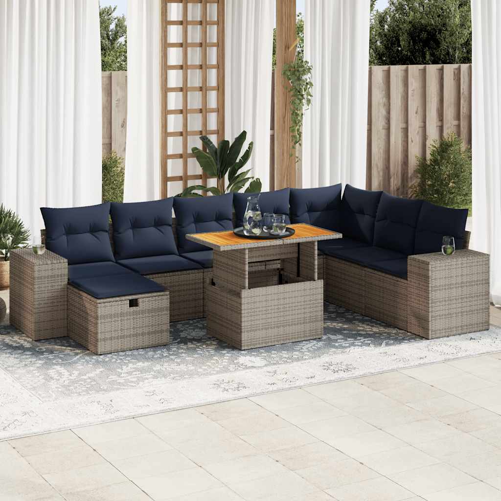 Set Divano da Giardino 9pz con Cuscini Grigio Polyrattan Acacia