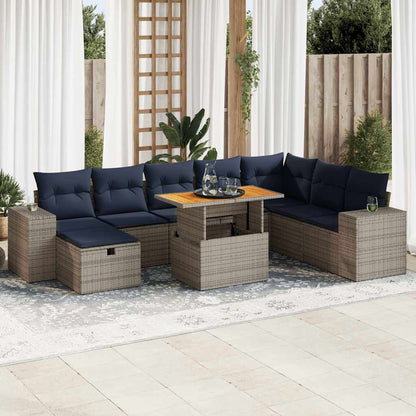 Set Divano da Giardino 9pz con Cuscini Grigio Polyrattan Acacia