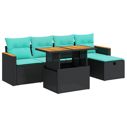 Set Divano da Giardino 6 pz con Cuscini Nero Polyrattan Acacia