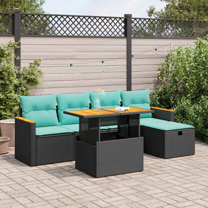 Set Divano da Giardino 6 pz con Cuscini Nero Polyrattan Acacia