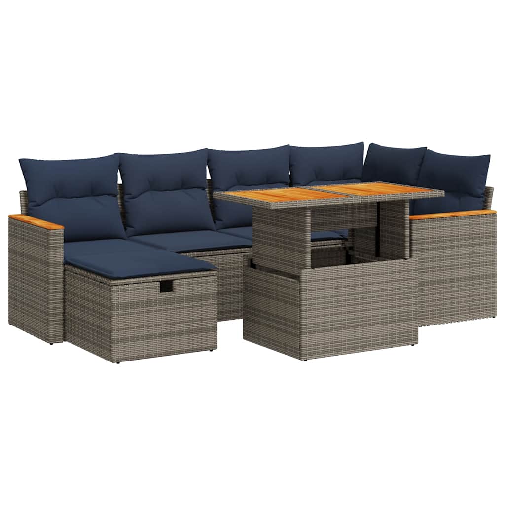 Set Divani da Giardino con Cuscini 7pz Grigio Polyrattan Acacia