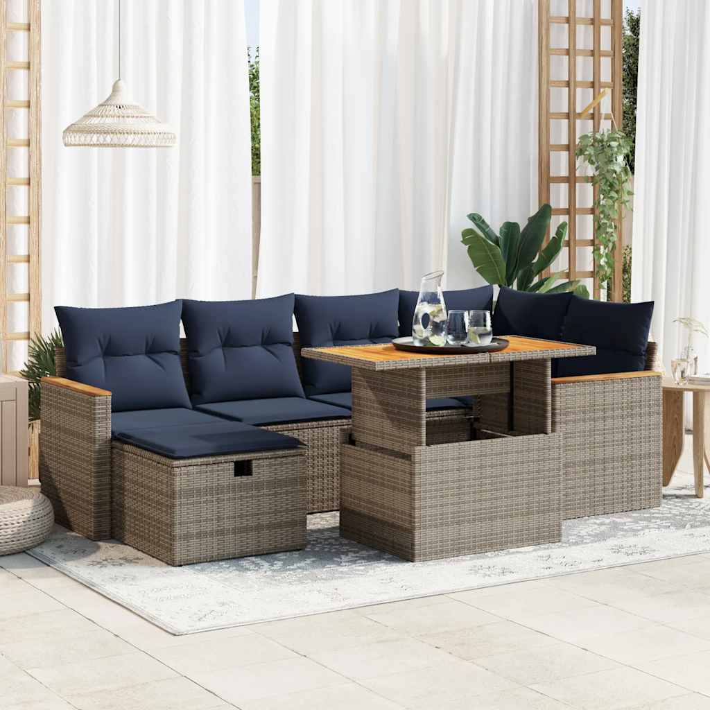 Set Divani da Giardino con Cuscini 7pz Grigio Polyrattan Acacia