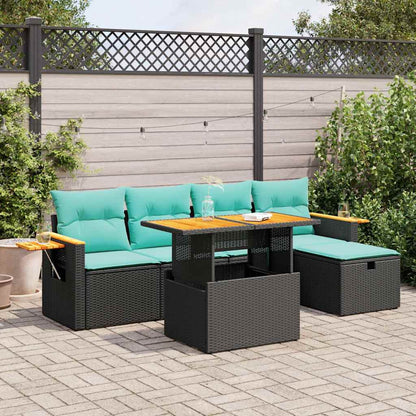 Set Divano da Giardino 6 pz con Cuscini Nero Polyrattan Acacia