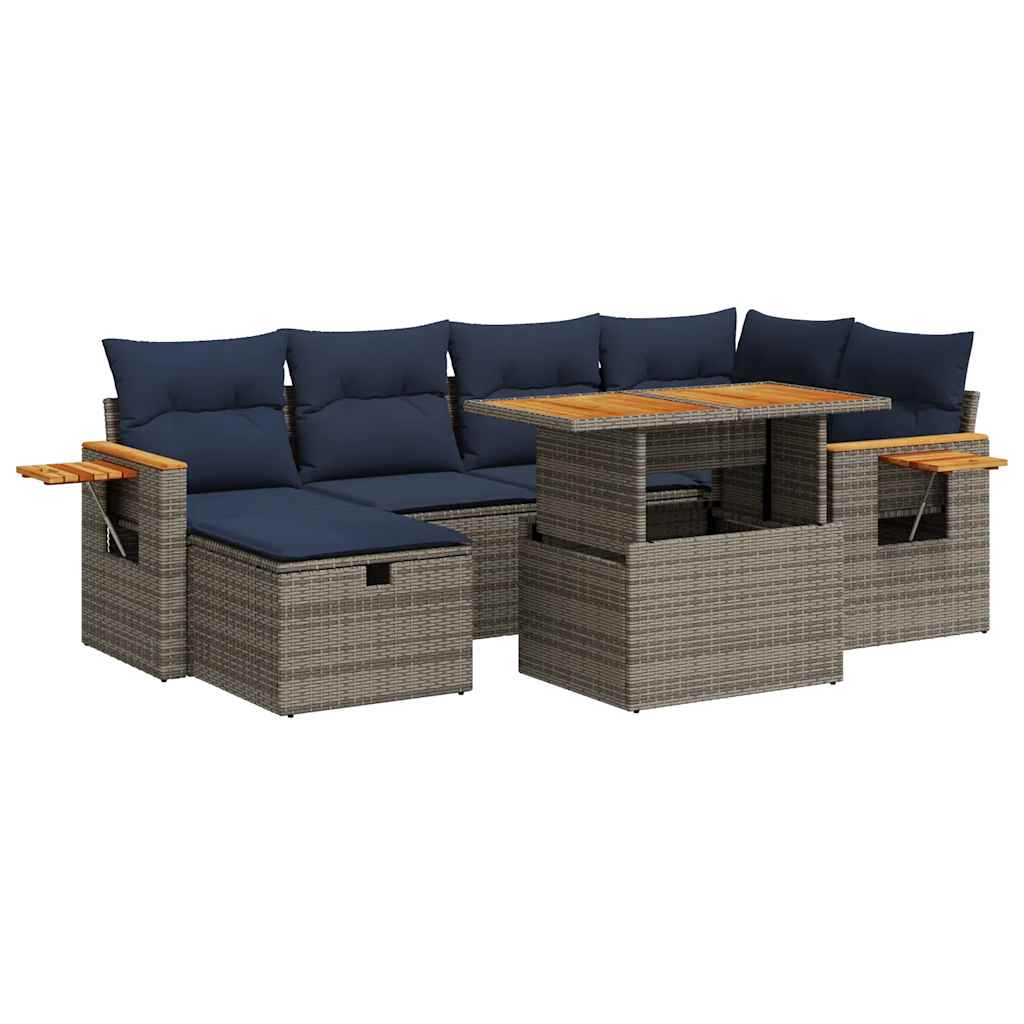 Set Divani da Giardino con Cuscini 7pz Grigio Polyrattan Acacia