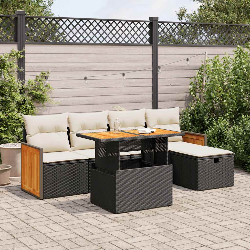 Set Divano da Giardino 6 pz con Cuscini Nero in Polyrattan