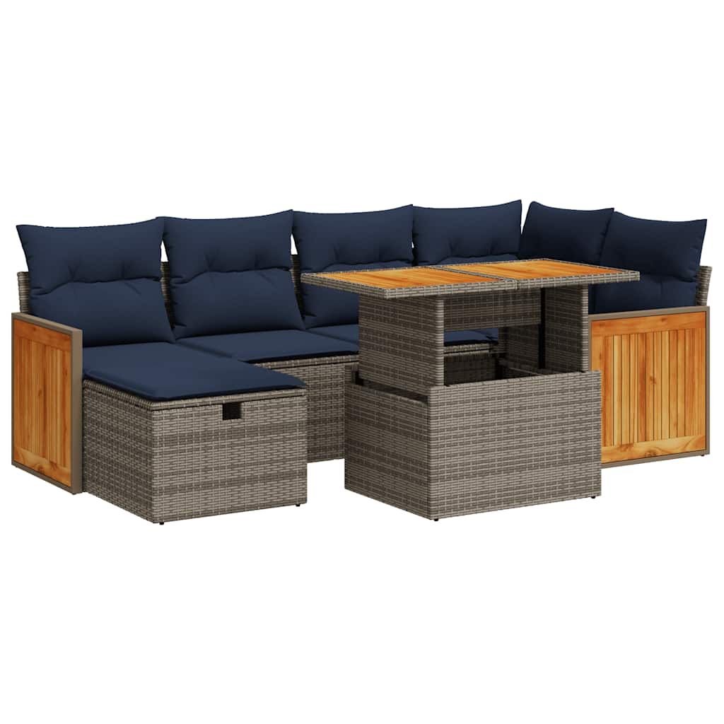 Set Divani da Giardino con Cuscini 7pz Grigio Polyrattan Acacia