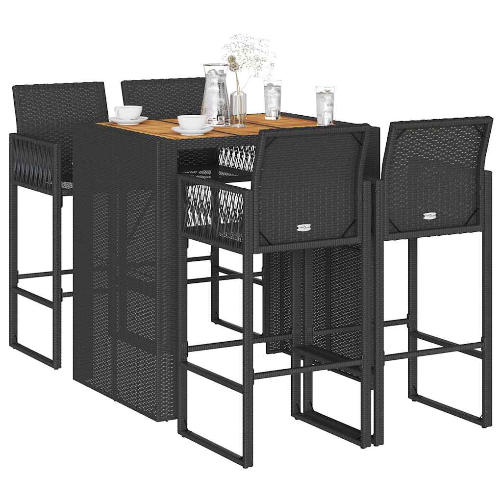Set Bar da Giardino 5pz senza Cuscini Nero in Polyrattan Acacia
