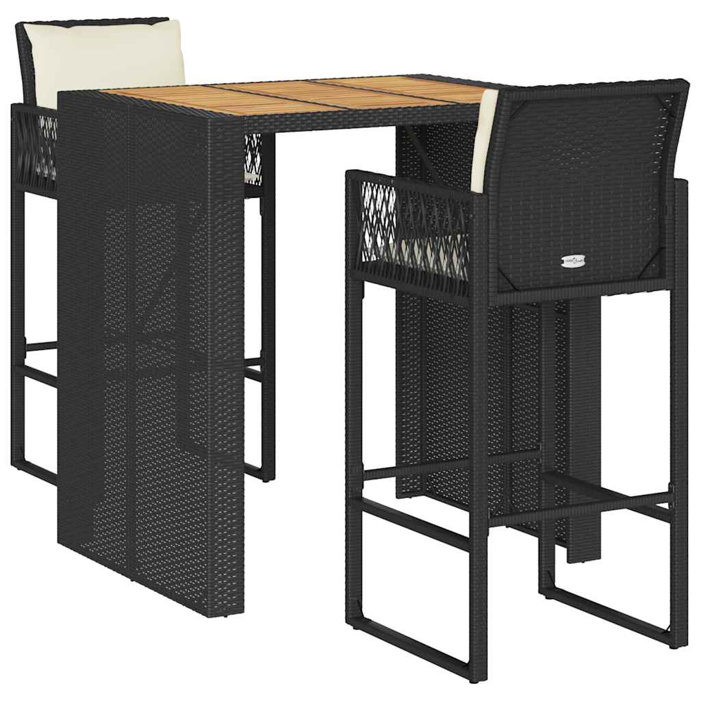 Set Bar da Giardino 3 pz con Cuscini Nero in Polyrattan Acacia