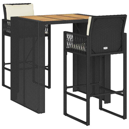 Set Bar da Giardino 3 pz con Cuscini Nero in Polyrattan Acacia